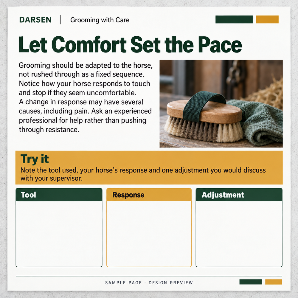 Grooming with Care &mdash; sample design, Let Comfort Set the Pace; full transcript provided alongside.